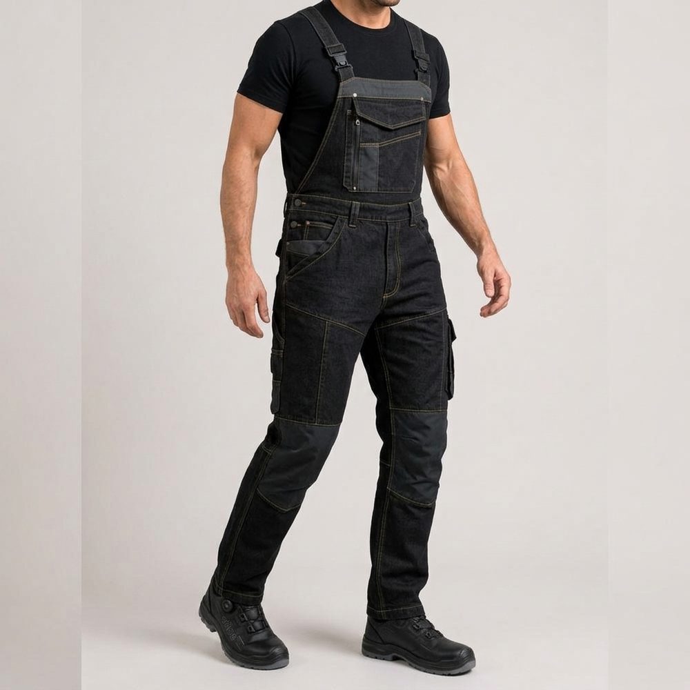 Ogrodniczki robocze jeansowe Rodeo Jeans — czarne, denim stretch 340 g/m², kieszenie na nakolanniki