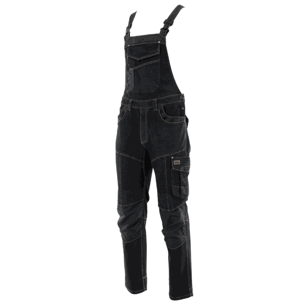 Ogrodniczki robocze jeansowe Rodeo Jeans — czarne, denim stretch 340 g/m², kieszenie na nakolanniki