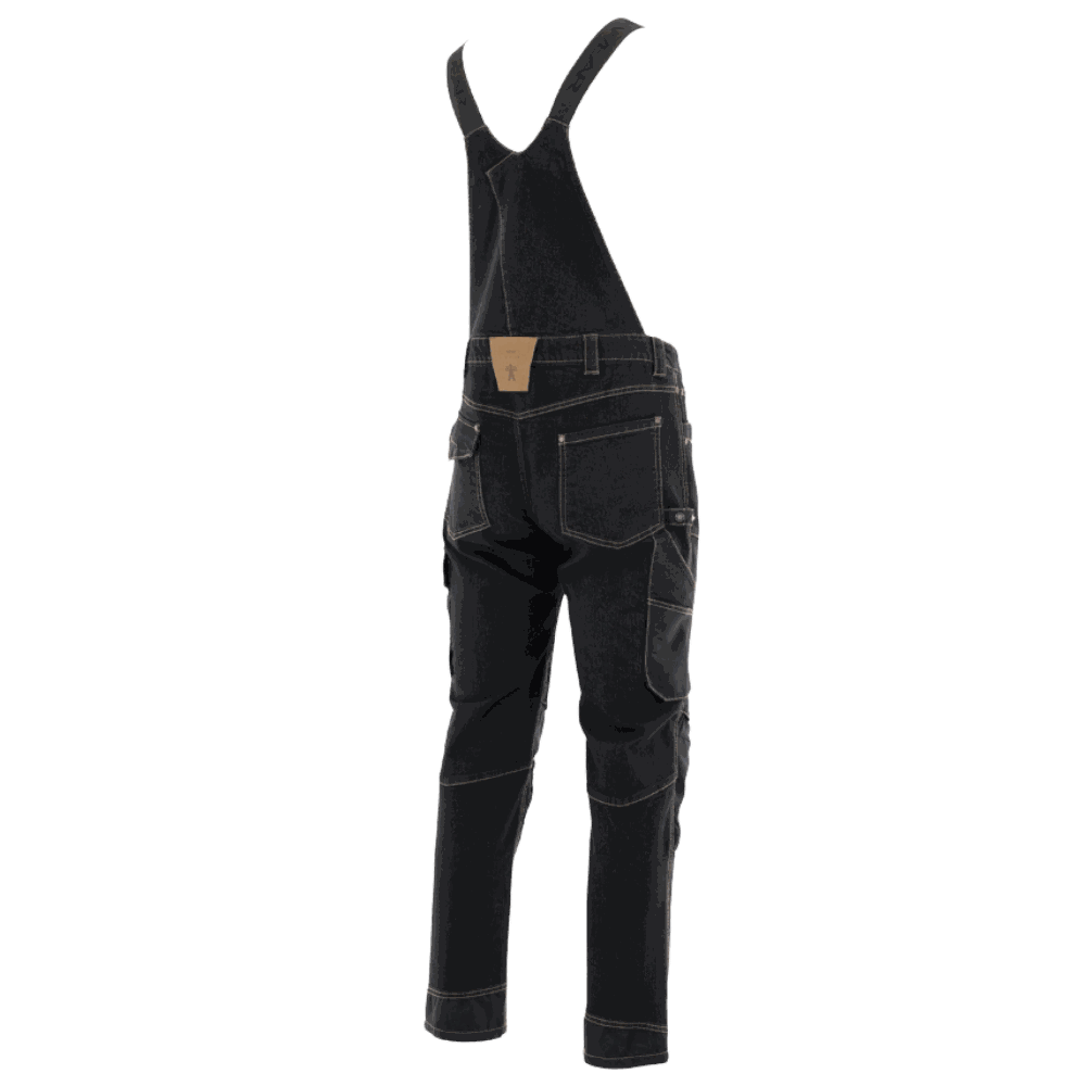 Ogrodniczki robocze jeansowe Rodeo Jeans — czarne, denim stretch 340 g/m², kieszenie na nakolanniki