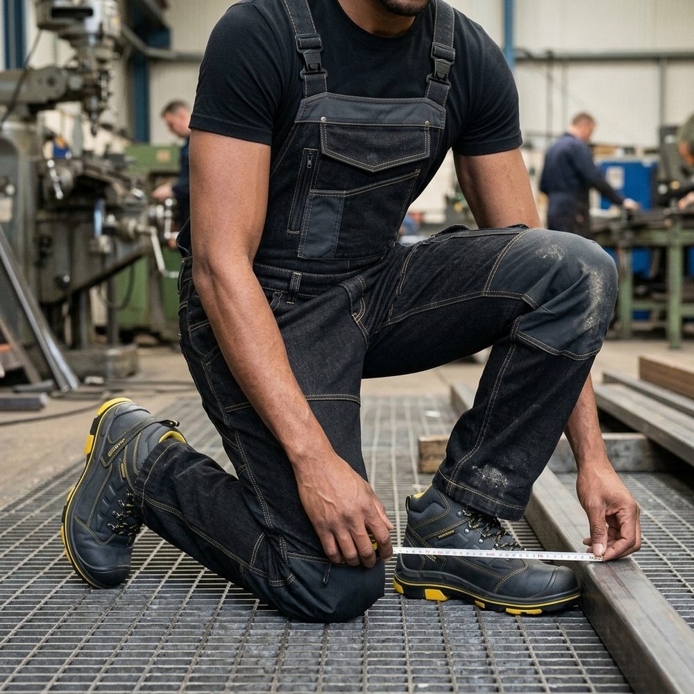 Ogrodniczki robocze jeansowe Rodeo Jeans — czarne, denim stretch 340 g/m², kieszenie na nakolanniki