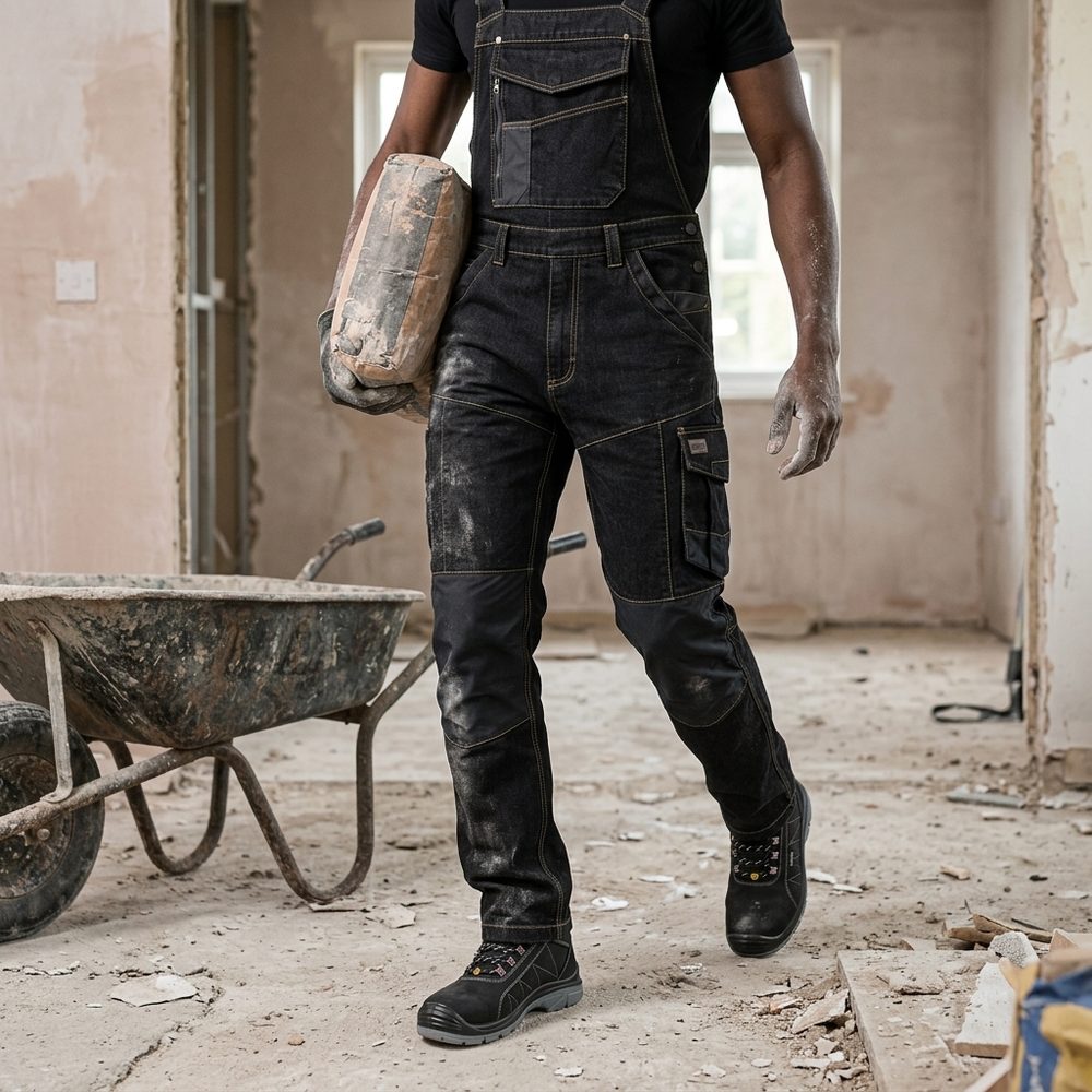 Ogrodniczki robocze jeansowe Rodeo Jeans — czarne, denim stretch 340 g/m², kieszenie na nakolanniki
