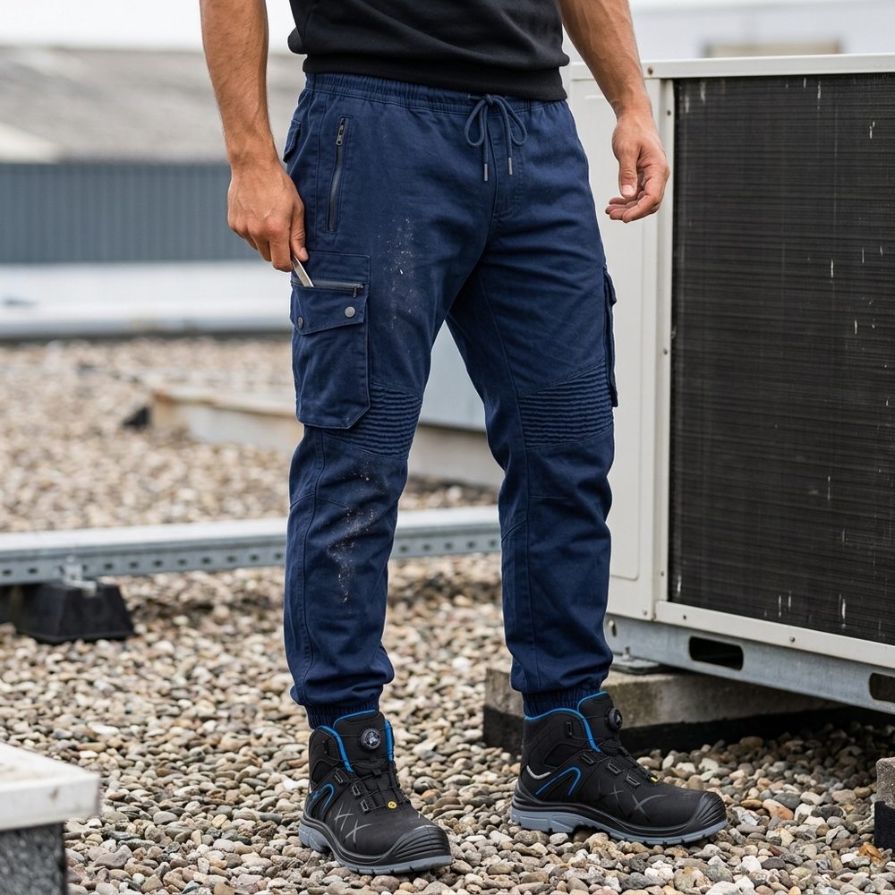 Spodnie robocze joggery elastyczne Rider — granatowe, bawełna organiczna 240 g/m², kieszenie cargo