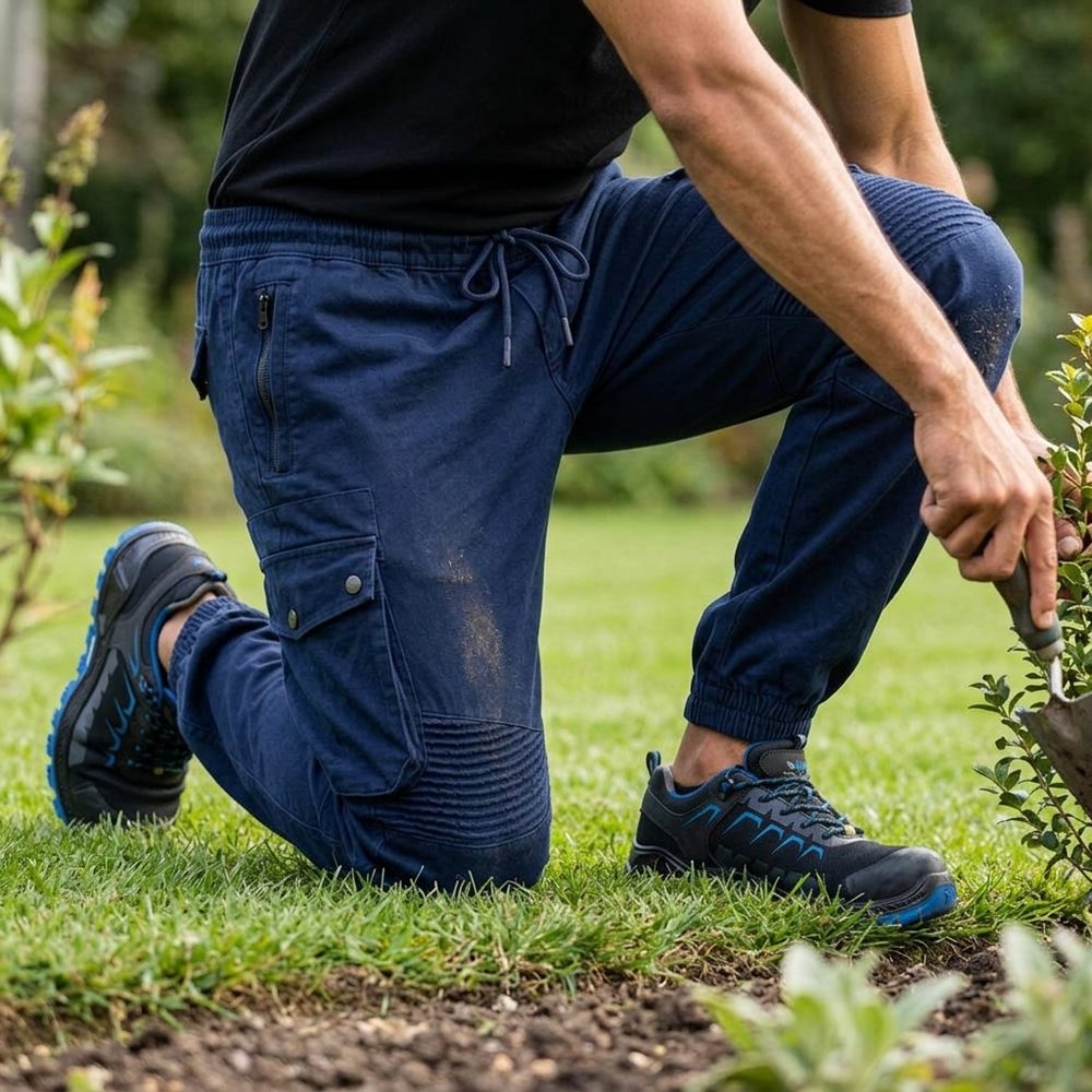 Spodnie robocze joggery elastyczne Rider — granatowe, bawełna organiczna 240 g/m², kieszenie cargo