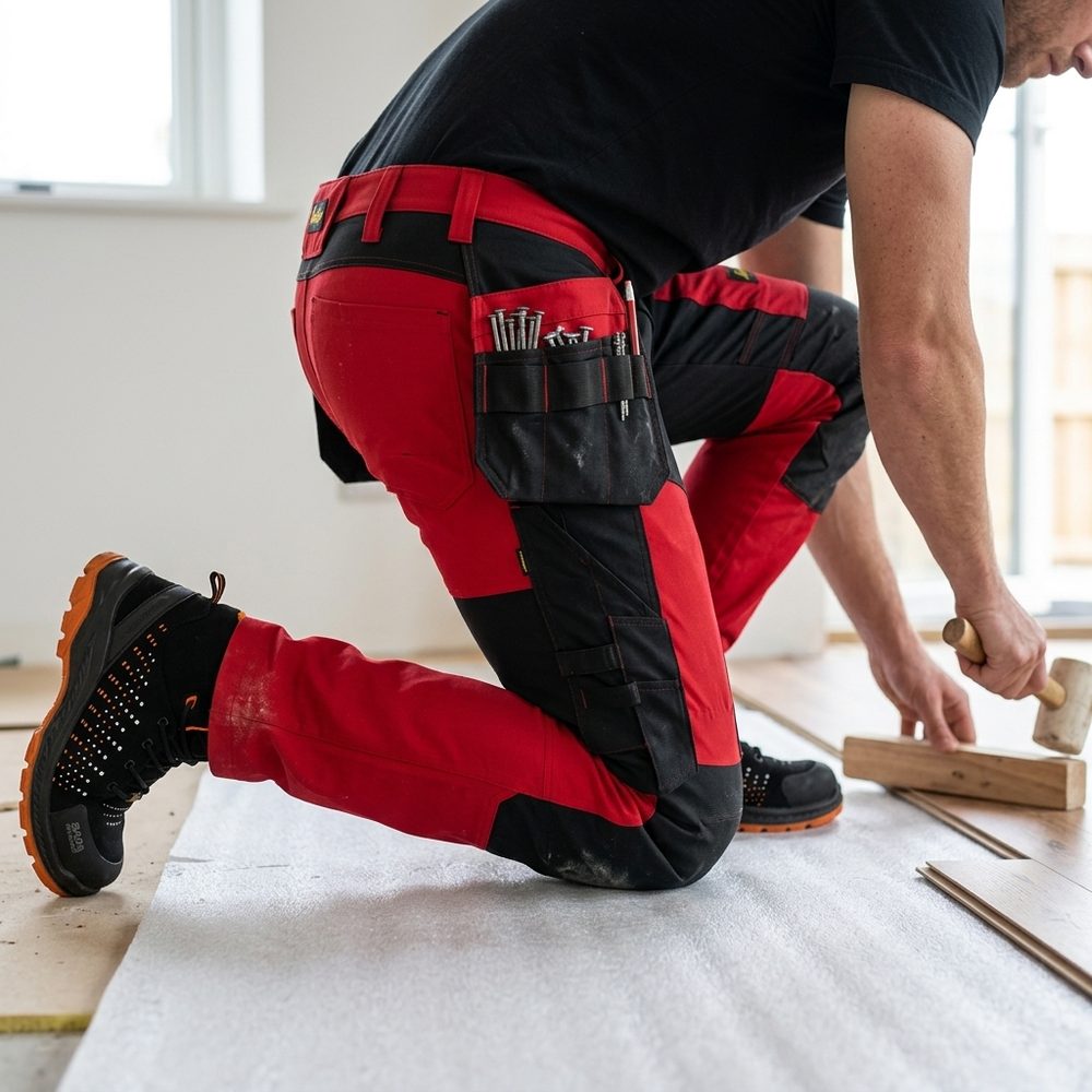 Spodnie robocze z kaburami Snickers 6218 — czerwono-czarne, stretch Sorona®, CORDURA®, EN 14404