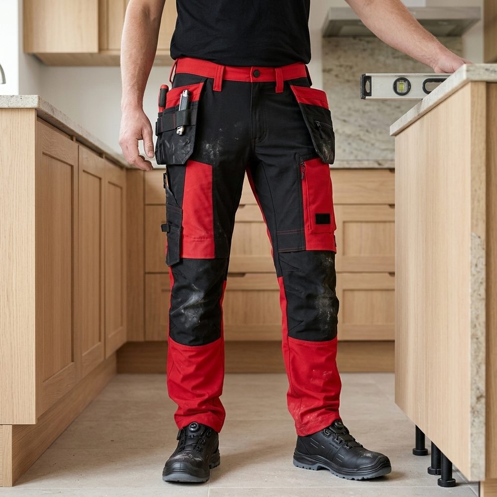 Spodnie robocze z kaburami Snickers 6218 — czerwono-czarne, stretch Sorona®, CORDURA®, EN 14404