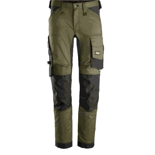 Spodnie robocze stretch slim fit Snickers 6341 — khaki-czarne, 251 g/m², CORDURA®, KneeGuard™ EN 14404