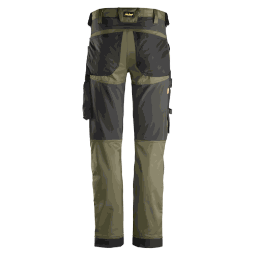 Spodnie robocze stretch slim fit Snickers 6341 — khaki-czarne, 251 g/m², CORDURA®, KneeGuard™ EN 14404