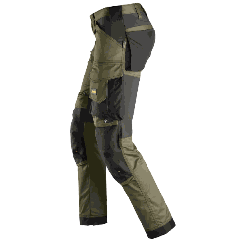 Spodnie robocze stretch slim fit Snickers 6341 — khaki-czarne, 251 g/m², CORDURA®, KneeGuard™ EN 14404