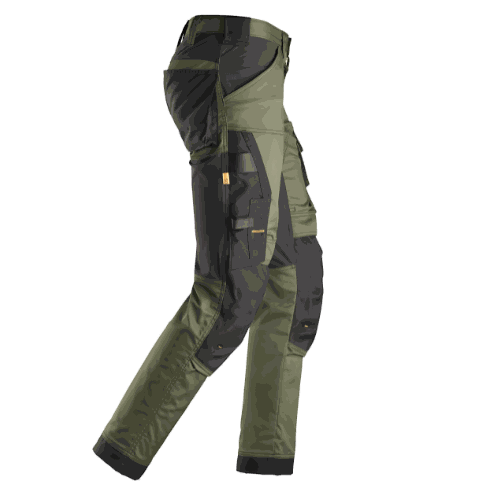 Spodnie robocze stretch slim fit Snickers 6341 — khaki-czarne, 251 g/m², CORDURA®, KneeGuard™ EN 14404