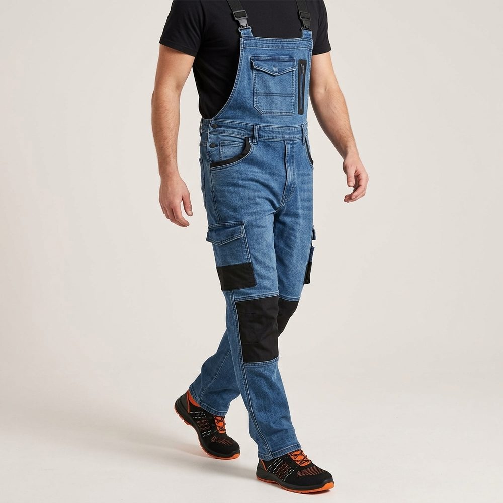 Ogrodniczki robocze jeansowe Rodeo Jeans — niebieskie, denim stretch 340 g/m², kieszenie na nakolanniki