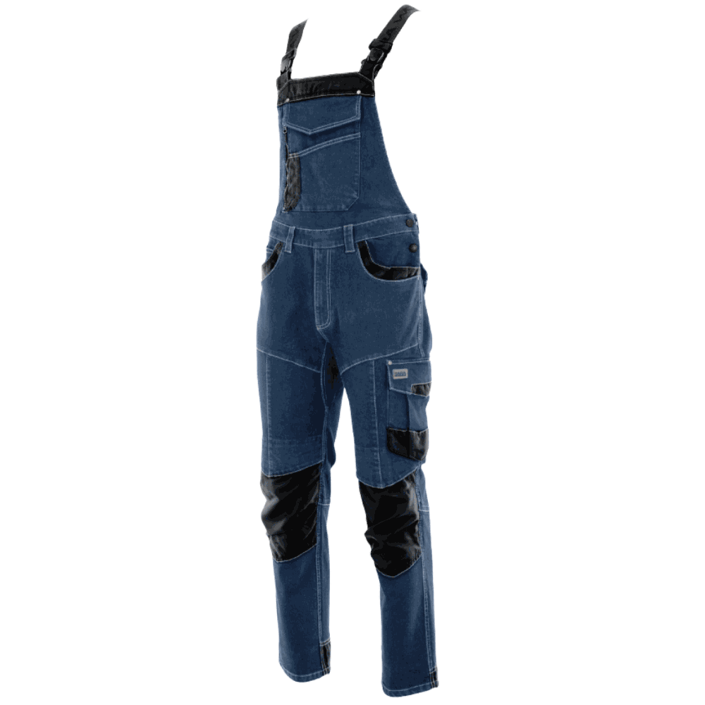 Ogrodniczki robocze jeansowe Rodeo Jeans — niebieskie, denim stretch 340 g/m², kieszenie na nakolanniki