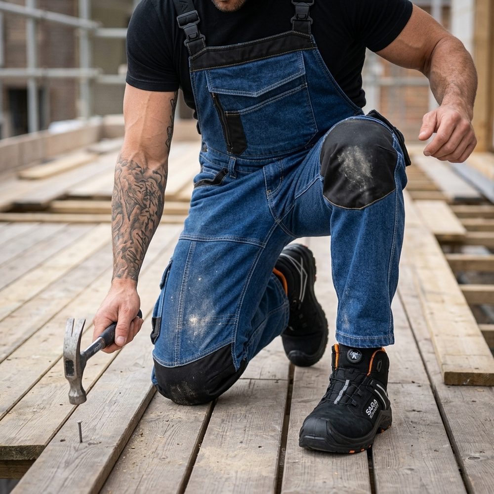 Ogrodniczki robocze jeansowe Rodeo Jeans — niebieskie, denim stretch 340 g/m², kieszenie na nakolanniki