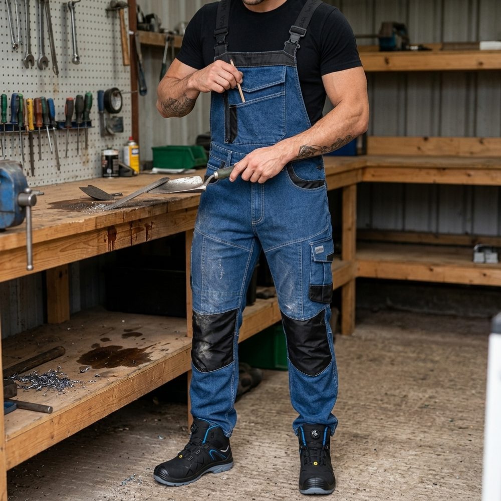 Ogrodniczki robocze jeansowe Rodeo Jeans — niebieskie, denim stretch 340 g/m², kieszenie na nakolanniki