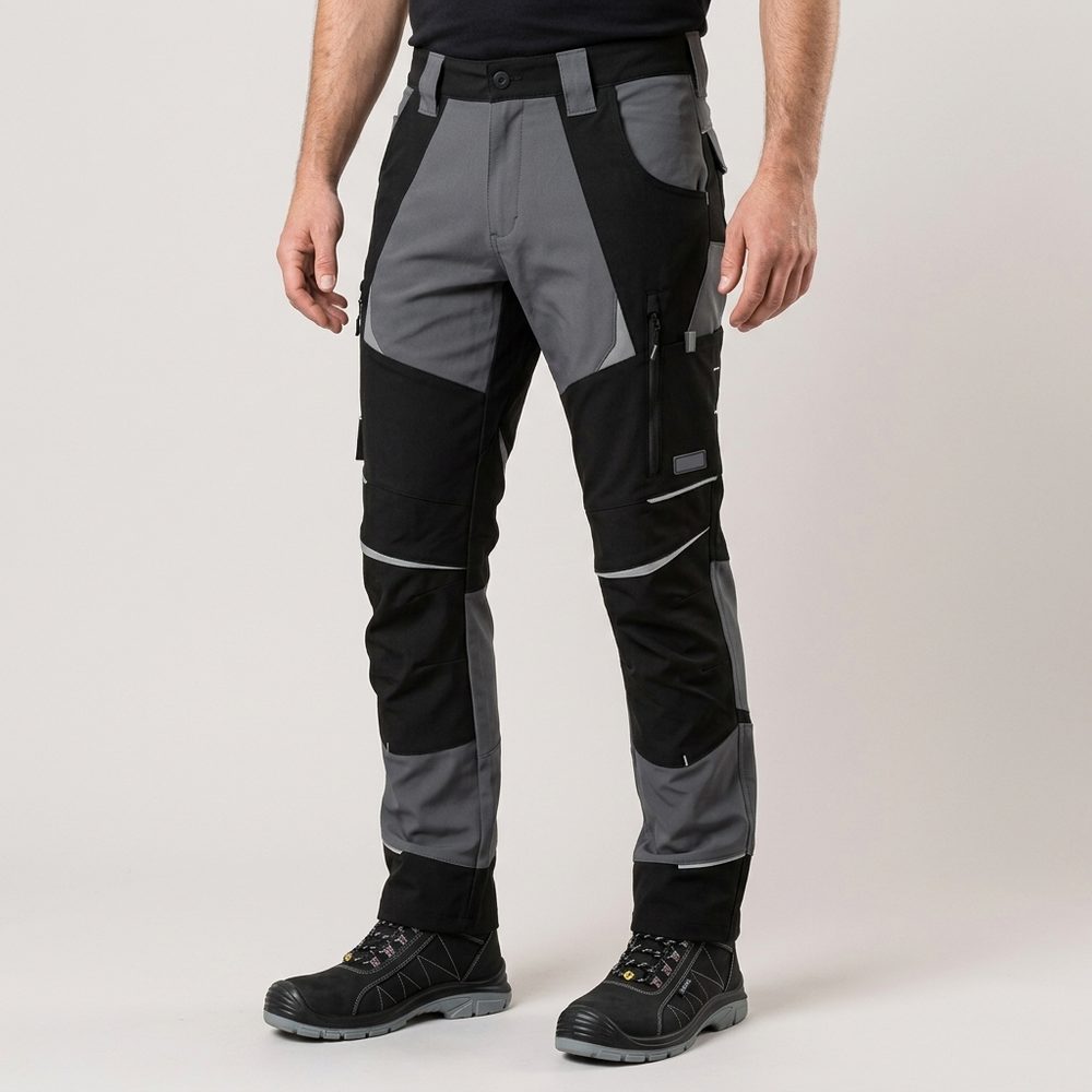 Spodnie robocze elastyczne Cottonflex — czarno-szare, bawełna stretch 250 g/m², kieszenie na nakolanniki