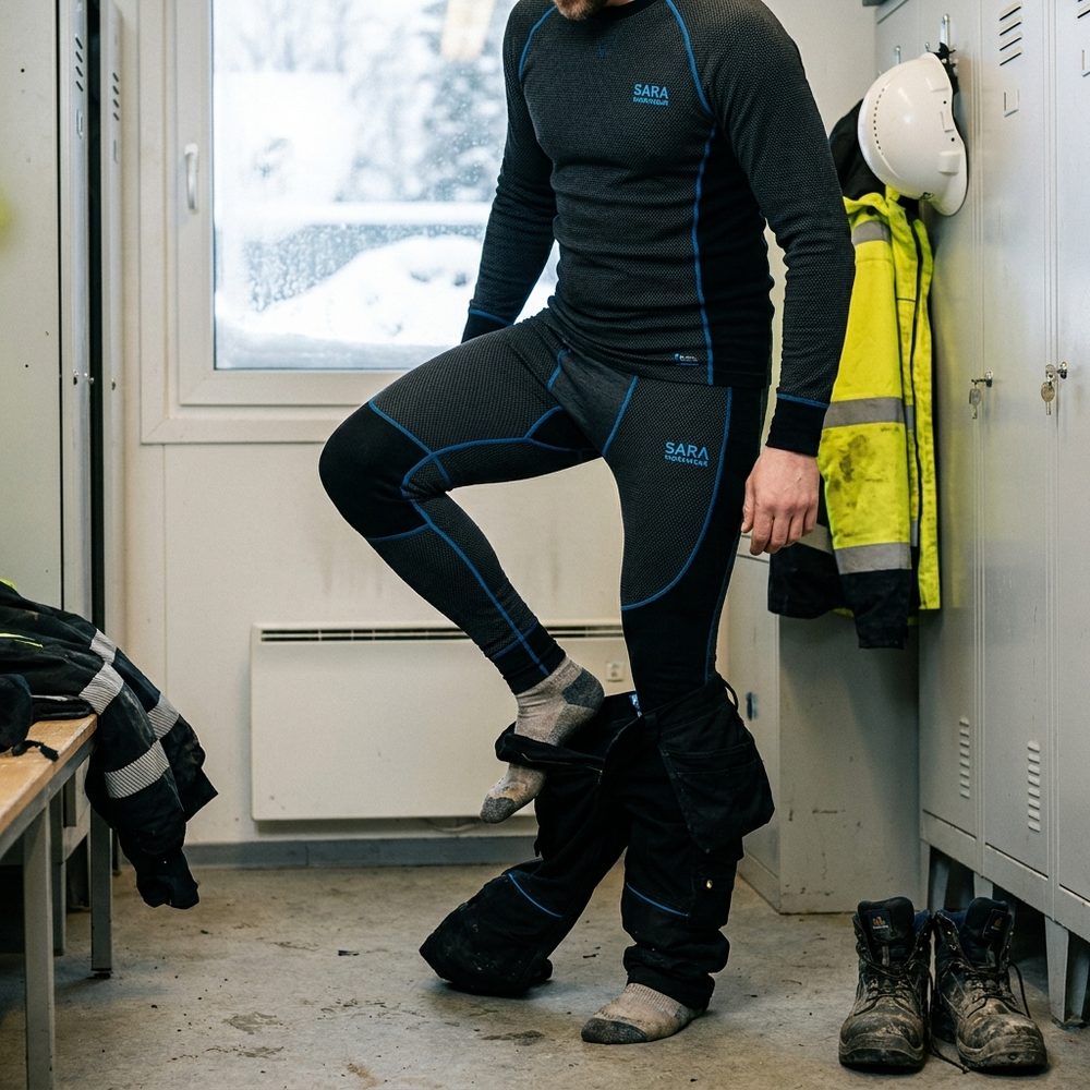 Leginsy termoaktywne męskie Sara Workwear — bezszwowe, szybkoschnące, grafitowo-niebieskie