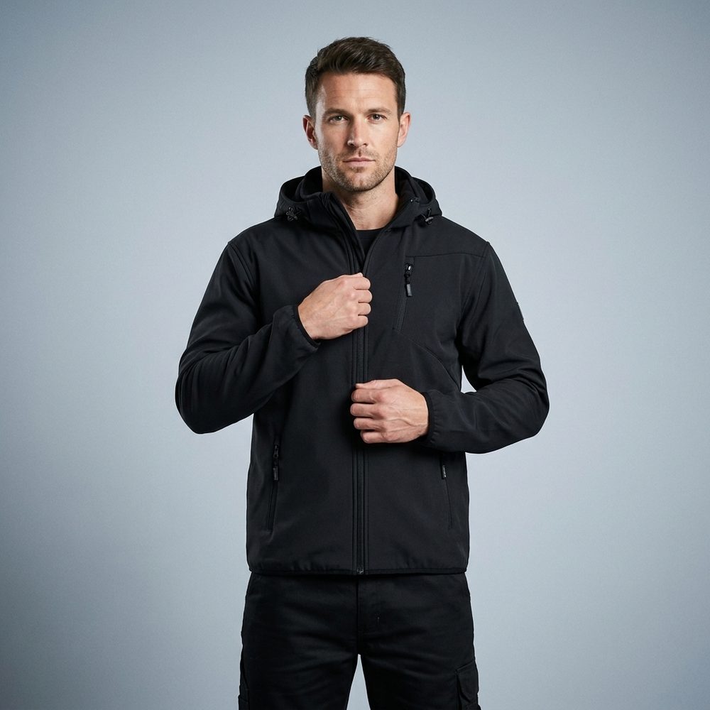Kurtka softshell robocza Procera Tundra czarna — 280 g/m², polar od wewnątrz, odpinany kaptur