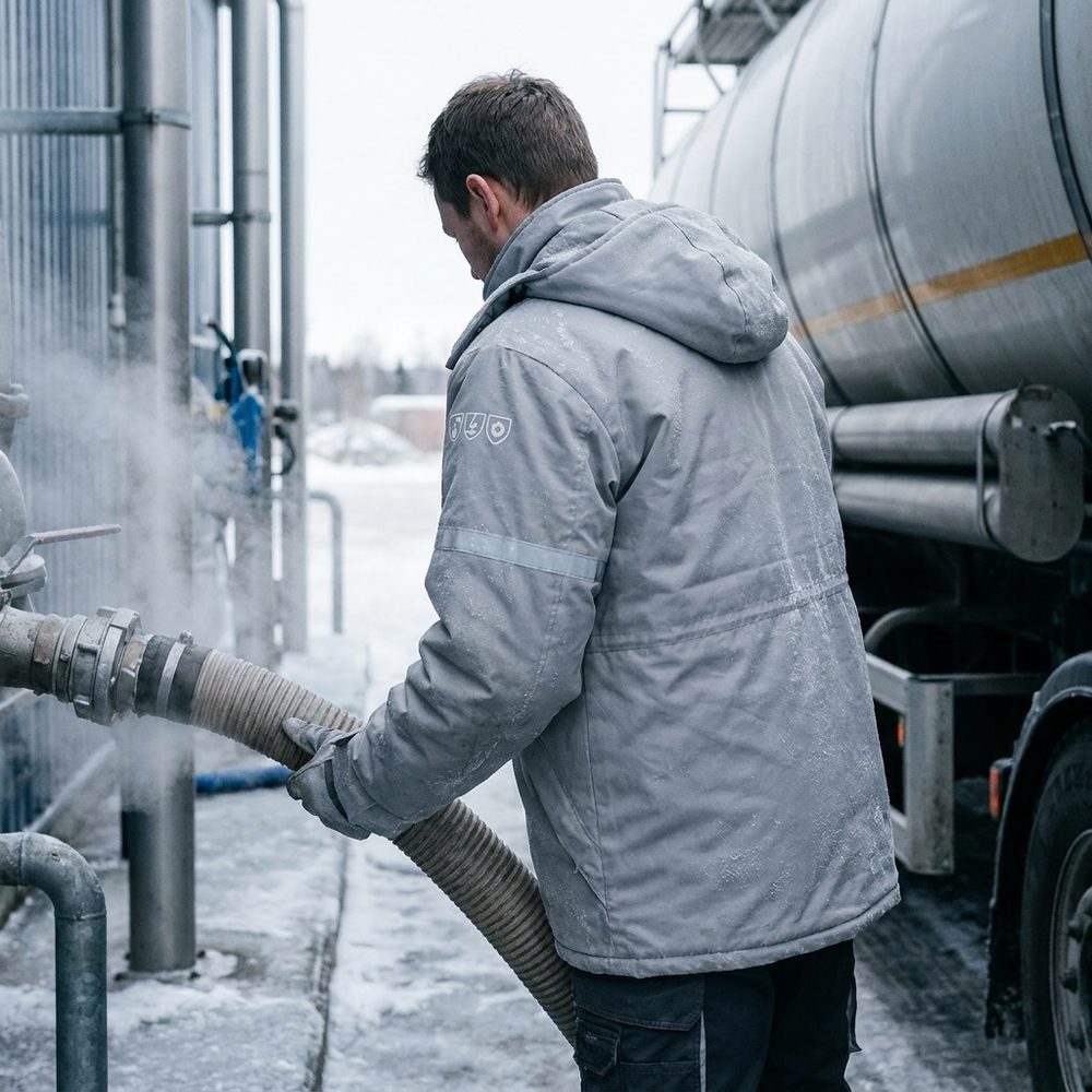Kurtka zimowa chemoodporna Chemik AS Winter EN 342, EN 13034 — długa, antyelektrostatyczna, z kapturem