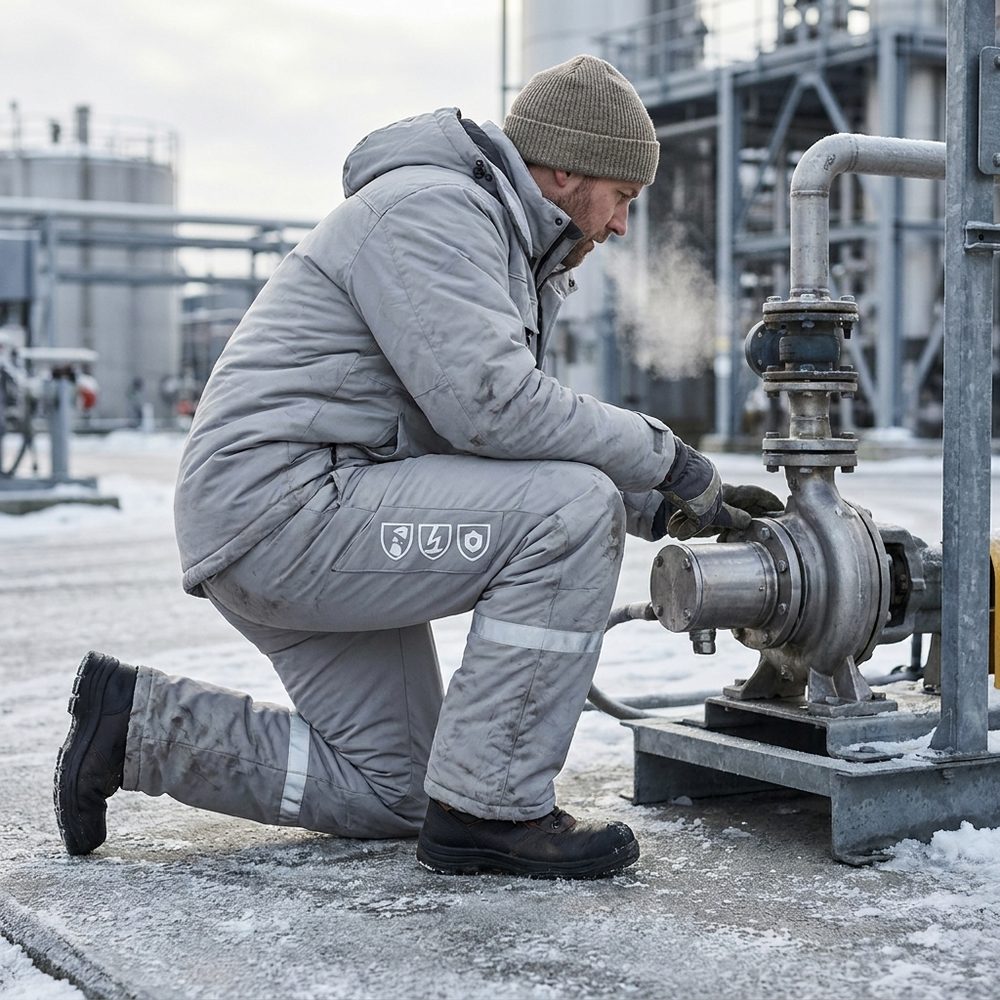Spodnie zimowe chemoodporne Chemik AS Winter EN 13034 Typ PB[6], EN 342 — antyelektrostatyczne, ocieplane, do pasa