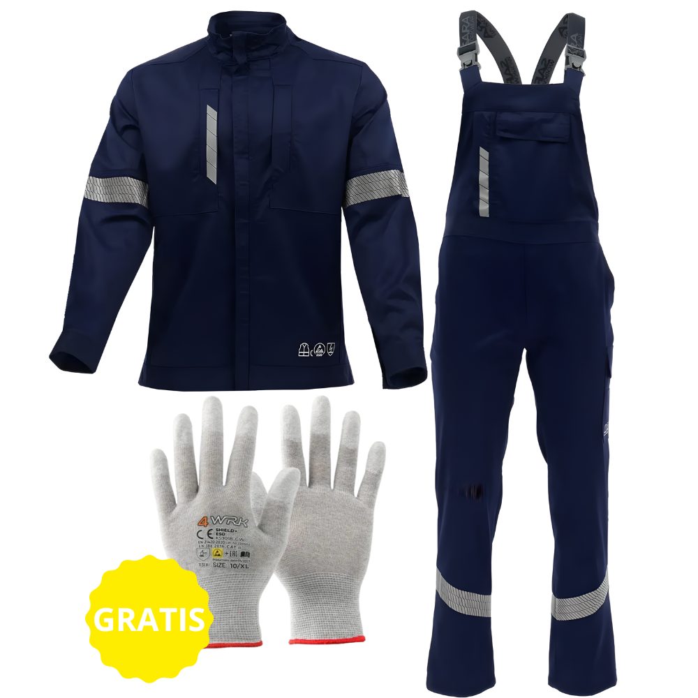 Komplet roboczy ESD Piorun Flex bluza + ogrodniczki EN 1149-5, EN 61340-5-1 — elastyczny, rękawice ESD gratis