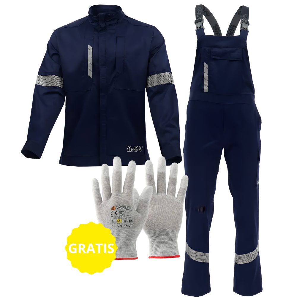 Komplet roboczy ESD Piorun Flex bluza + ogrodniczki EN 1149-5, EN 61340-5-1 — elastyczny, rękawice ESD gratis
