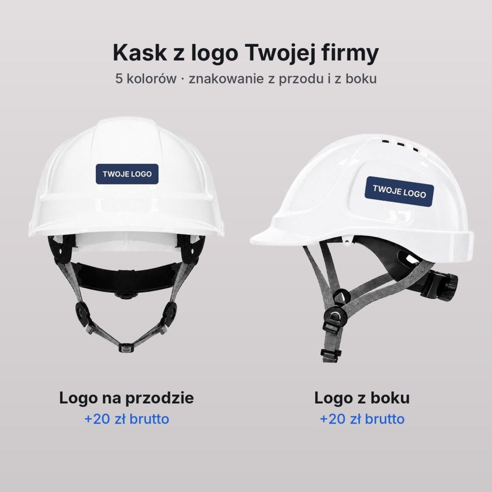 Kask ochronny THOR EN 397 — wentylowany, regulacja pokrętłem, 5 kolorów — logo firmy na przodzie i z boku