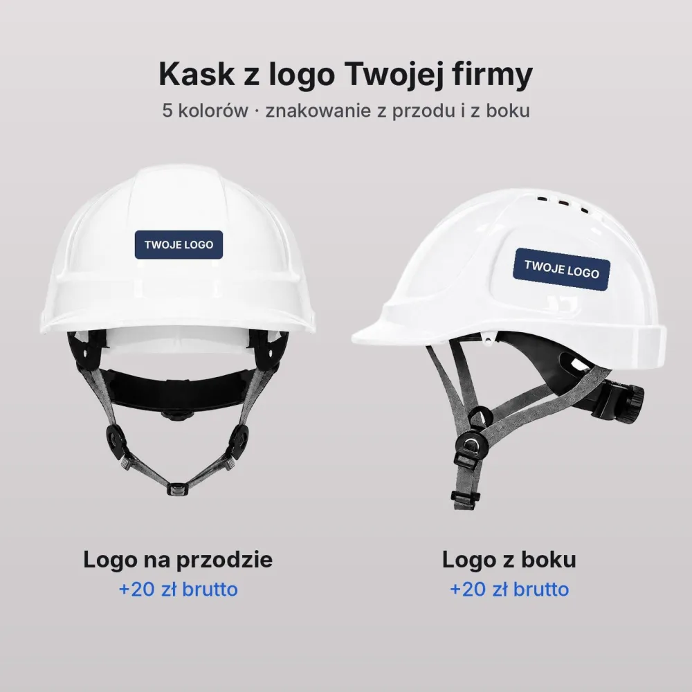 Kask ochronny THOR EN 397 — wentylowany, regulacja pokrętłem, 5 kolorów — logo firmy na przodzie i z boku
