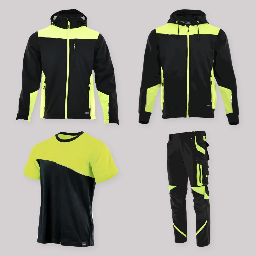Zestaw roboczy na budowę czarno-żółty — kurtka softshell, bluza z kapturem, koszulka i spodnie Neoflex