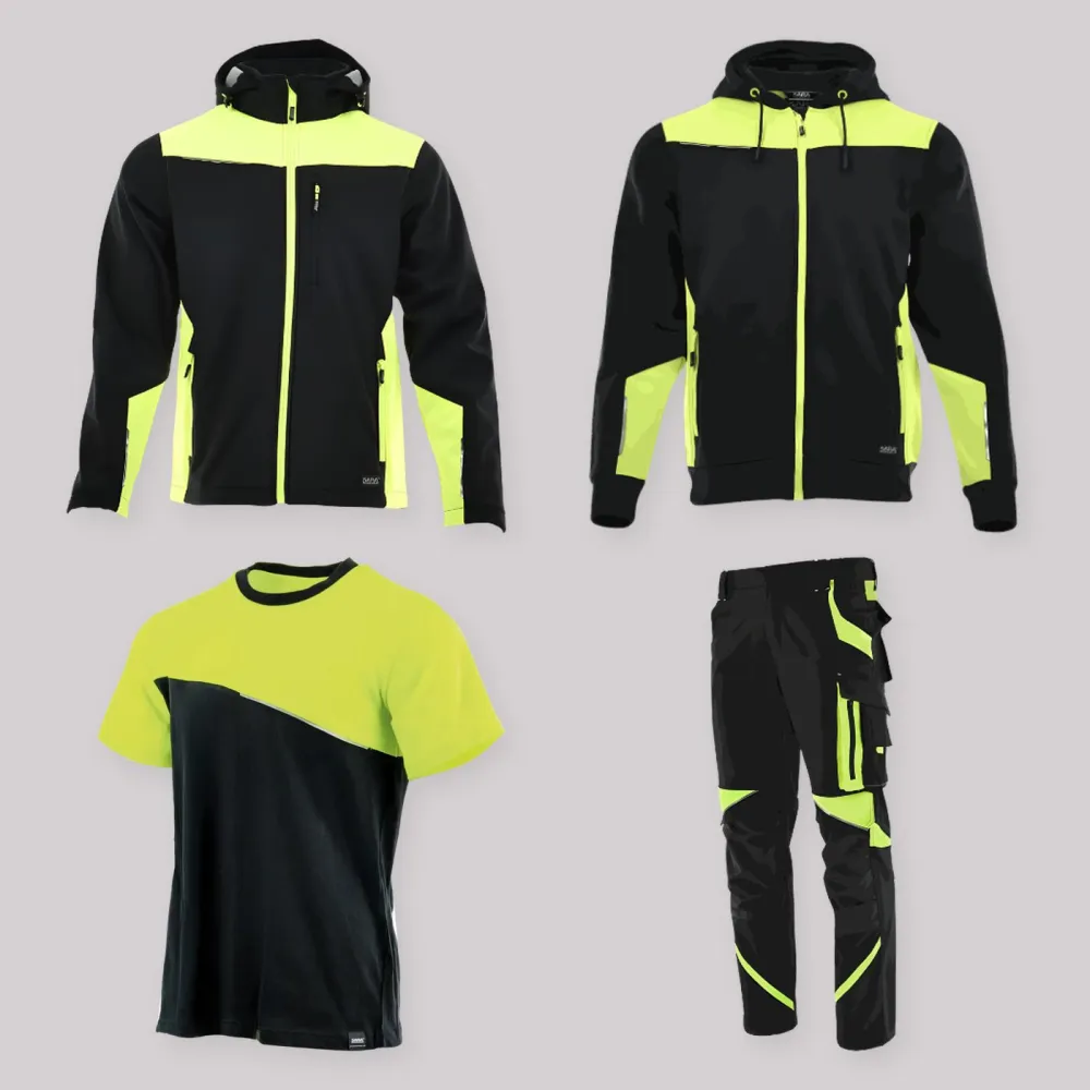 Zestaw roboczy na budowę czarno-żółty — kurtka softshell, bluza z kapturem, koszulka i spodnie Neoflex