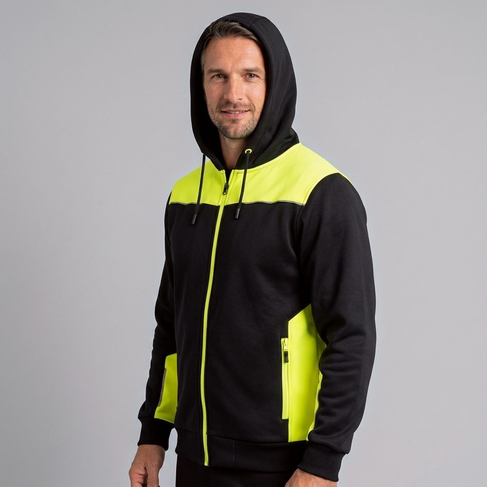 Zestaw roboczy na budowę czarno-żółty — kurtka softshell, bluza z kapturem, koszulka i spodnie Neoflex
