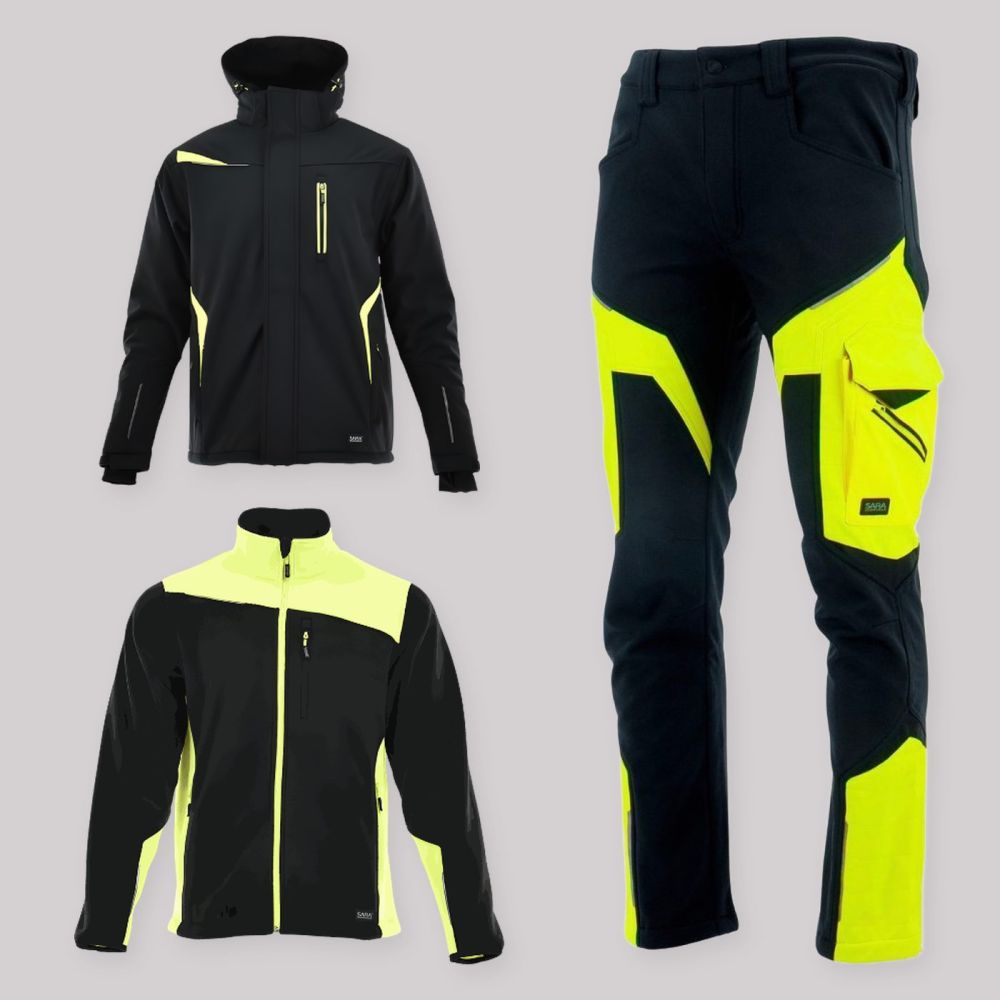 Zestaw roboczy zimowy czarno-żółty — kurtka zimowa Comfort Winter, polar i spodnie softshell