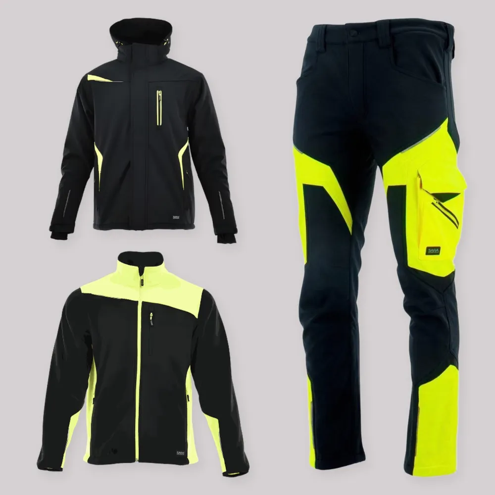 Zestaw roboczy zimowy czarno-żółty — kurtka zimowa Comfort Winter, polar i spodnie softshell