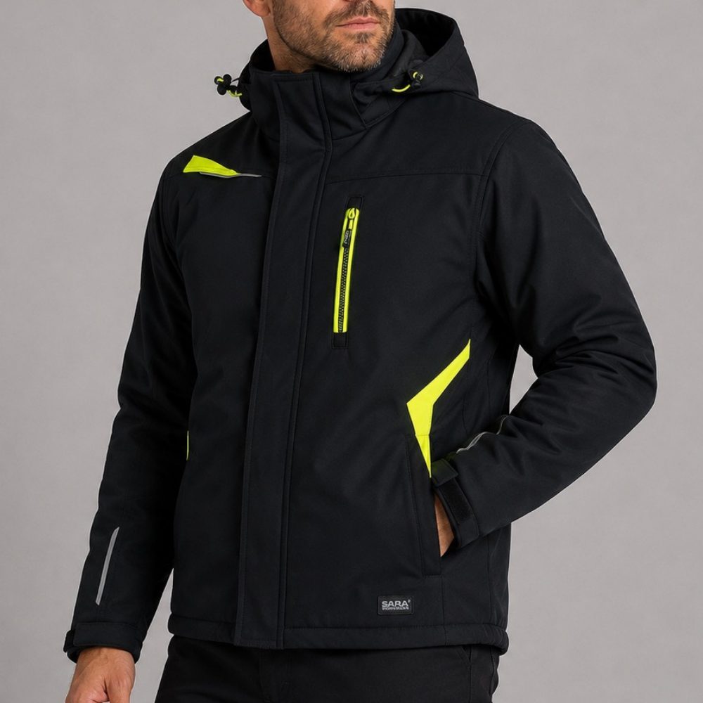 Zestaw roboczy zimowy czarno-żółty — kurtka zimowa Comfort Winter, polar i spodnie softshell