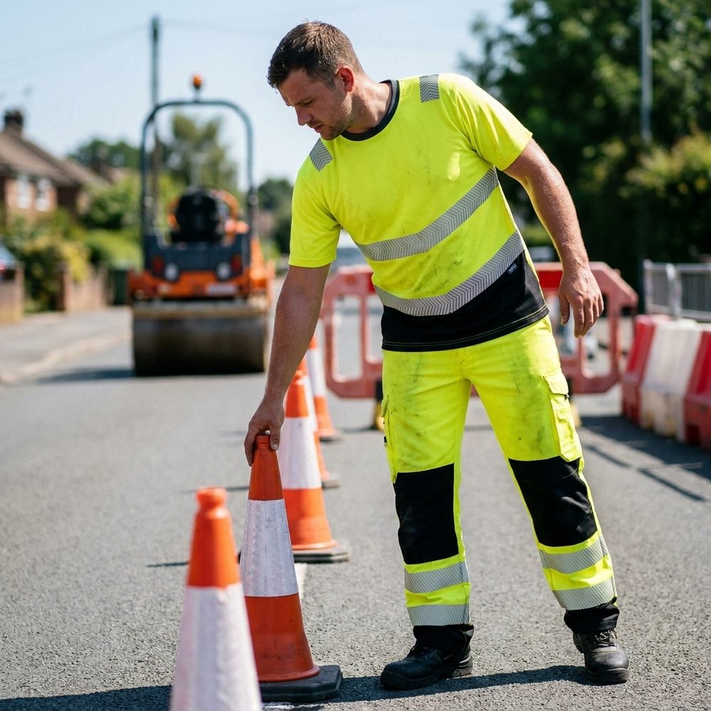 Koszulka odblaskowa Drogowiec Comfort EN ISO 20471 Klasa 2 — żółto-czarna, taśmy 7 cm, oddychająca
