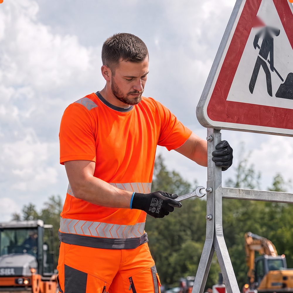 Koszulka odblaskowa Drogowiec Comfort EN ISO 20471 Klasa 2 — pomarańczowo-grafitowa, taśmy 7 cm, oddychająca