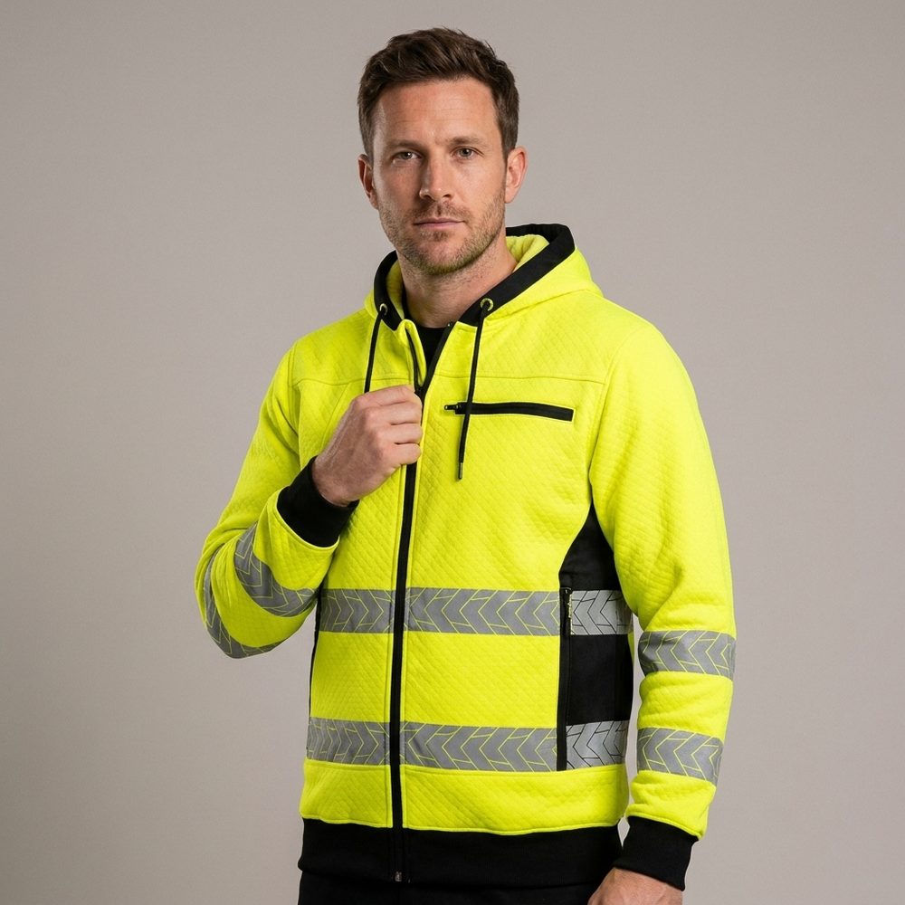 Bluza dresowa odblaskowa z kapturem Drogowiec Comfort EN ISO 20471 Klasa 2 — żółto-czarna, rozpinana, 300 g/m²