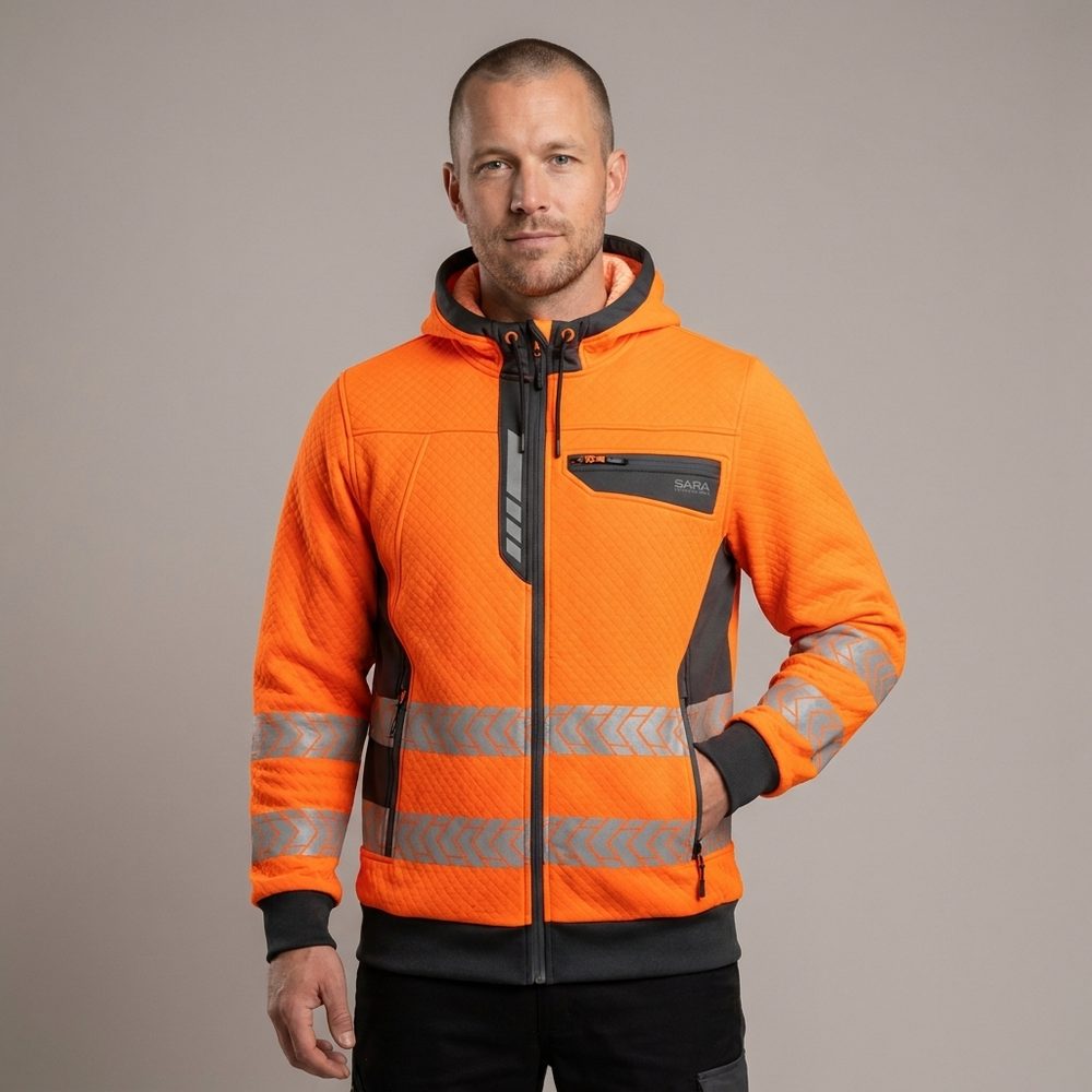 Bluza dresowa odblaskowa z kapturem Drogowiec Comfort EN ISO 20471 Klasa 2 — pomarańczowo-grafitowa, rozpinana, 300 g/m²
