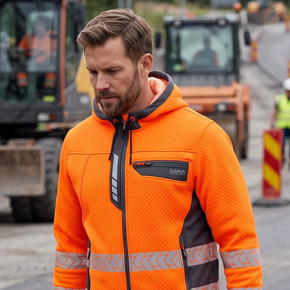 Bluza dresowa odblaskowa z kapturem Drogowiec Comfort EN ISO 20471 Klasa 2 — pomarańczowo-grafitowa, rozpinana, 300 g/m²