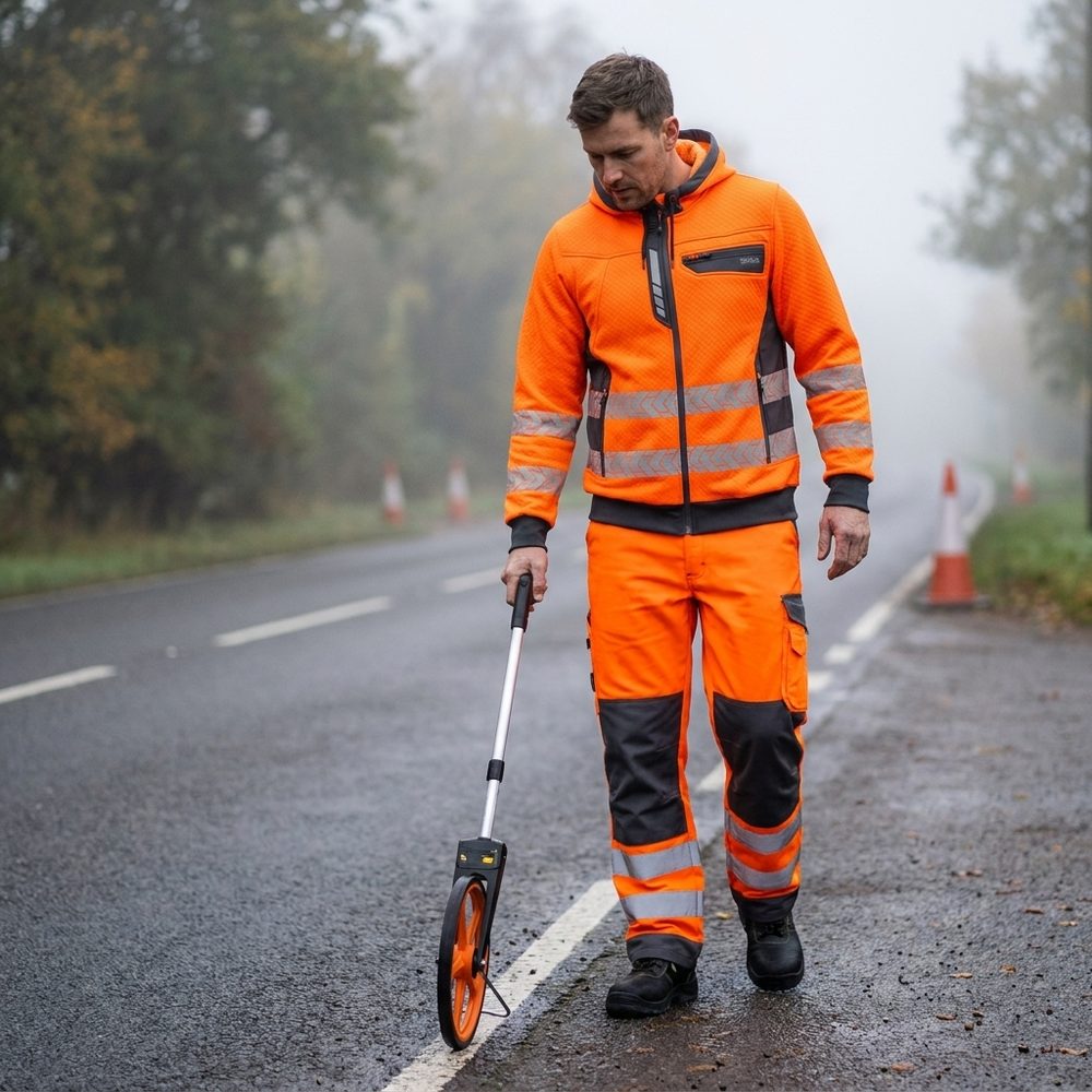 Bluza dresowa odblaskowa z kapturem Drogowiec Comfort EN ISO 20471 Klasa 2 — pomarańczowo-grafitowa, rozpinana, 300 g/m²