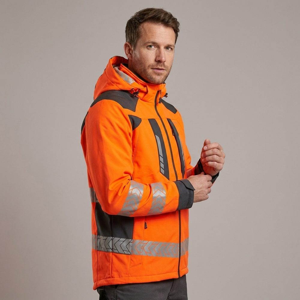Kurtka softshell robocza odblaskowa EN ISO 20471 Klasa 3 — Drogowiec Comfort pomarańczowo-grafitowa, 10 000 mm, nylon na ramionach
