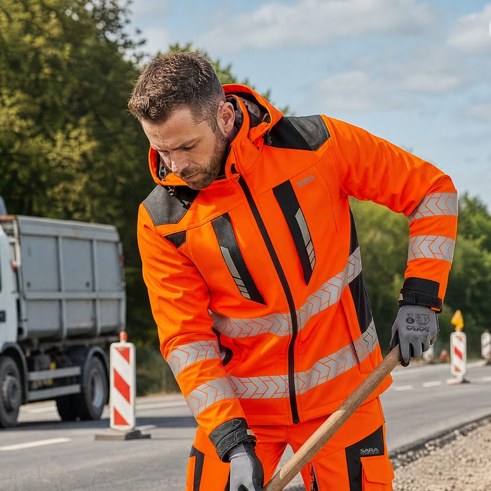 Kurtka softshell robocza odblaskowa EN ISO 20471 Klasa 3 — Drogowiec Comfort pomarańczowo-grafitowa, 10 000 mm, nylon na ramionach