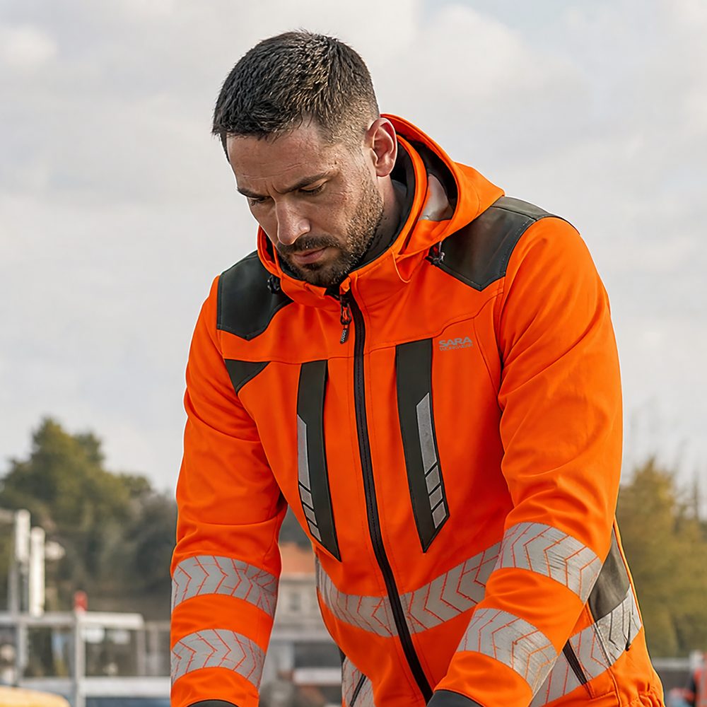Kurtka softshell robocza odblaskowa EN ISO 20471 Klasa 3 — Drogowiec Comfort pomarańczowo-grafitowa, 10 000 mm, nylon na ramionach