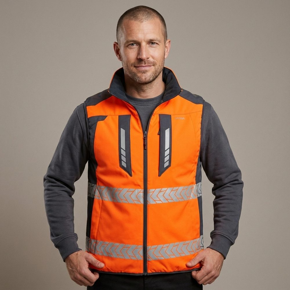 Kamizelka ostrzegawcza dwustronna Drogowiec Comfort EN ISO 20471 Klasa 1 — pomarańczowa, ocieplana, softshell, taśmy 5 cm