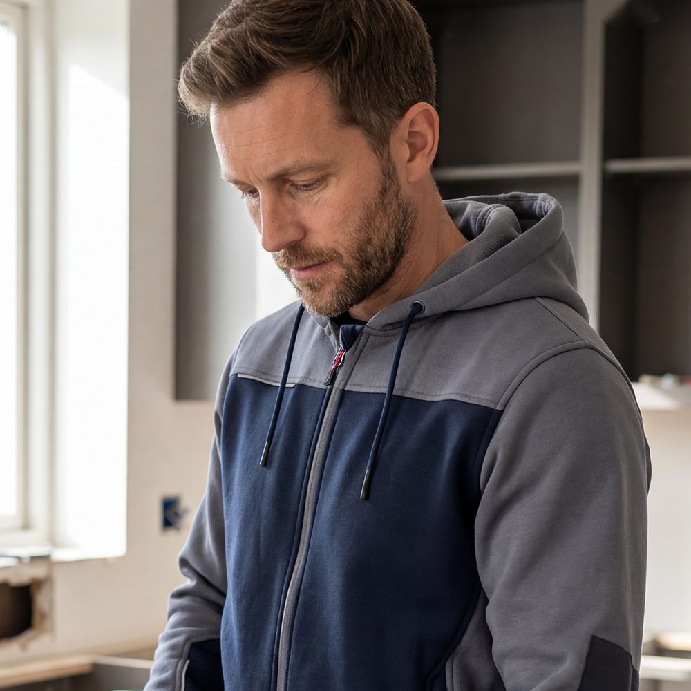 Bluza robocza z kapturem rozpinana Comfort Plus — dresowa 350 g/m², szaro-granatowa