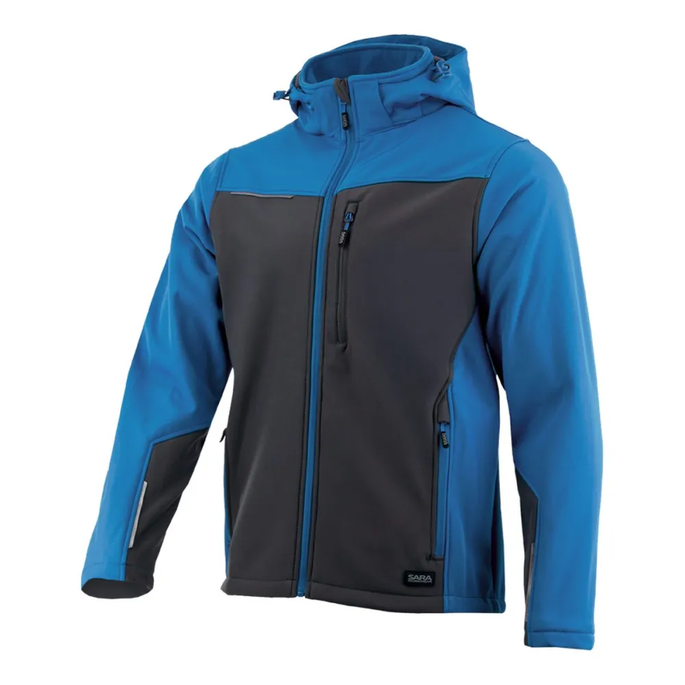 Kurtka softshell robocza wiatroszczelna wodoodporna — Comfort Plus niebiesko-grafitowa z wentylacją pod pachami i otworem na kciuk