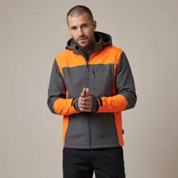 Kurtka softshell robocza wiatroszczelna wodoodporna — Comfort Plus grafitowo-pomarańczowa z wentylacją pod pachami i otworem na kciuk