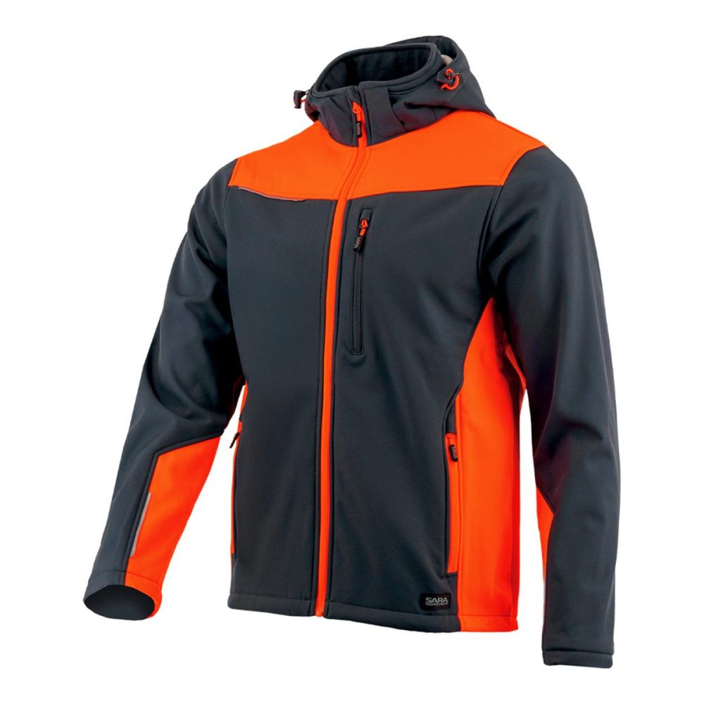 Kurtka softshell robocza wiatroszczelna wodoodporna — Comfort Plus grafitowo-pomarańczowa z wentylacją pod pachami i otworem na kciuk