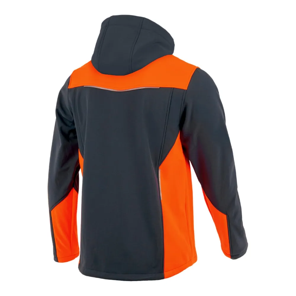 Kurtka softshell robocza wiatroszczelna wodoodporna — Comfort Plus grafitowo-pomarańczowa z wentylacją pod pachami i otworem na kciuk
