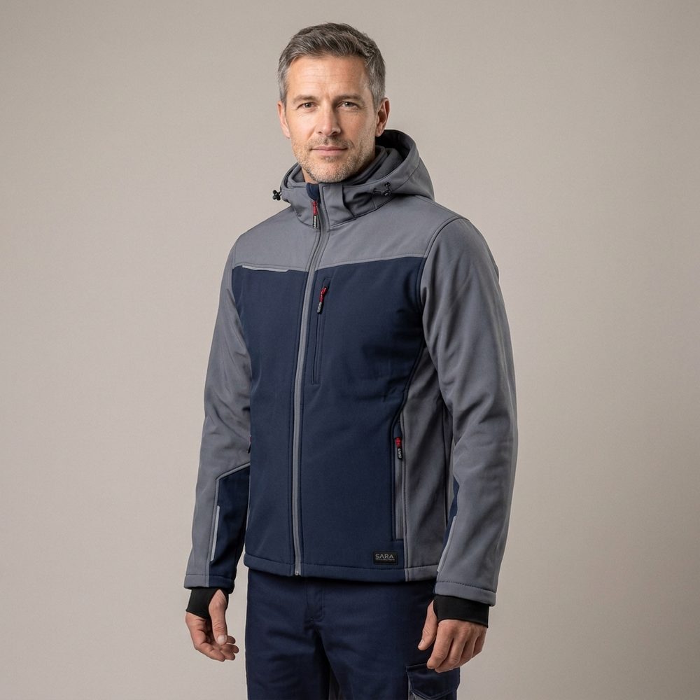 Kurtka softshell robocza wiatroszczelna wodoodporna — Comfort Plus szaro-granatowa z wentylacją pod pachami i otworem na kciuk