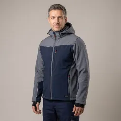 Kurtka softshell robocza wiatroszczelna wodoodporna — Comfort Plus szaro-granatowa z wentylacją pod pachami i otworem na kciuk