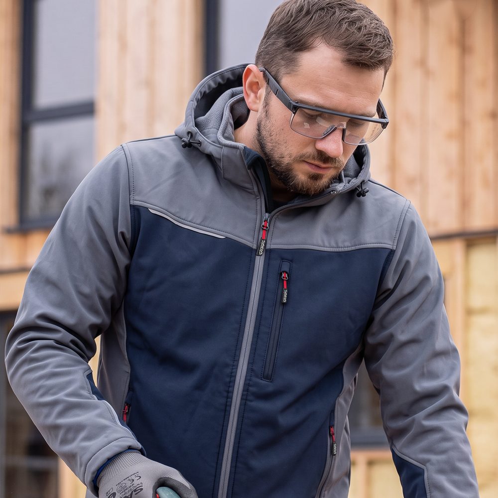 Kurtka softshell robocza wiatroszczelna wodoodporna — Comfort Plus szaro-granatowa z wentylacją pod pachami i otworem na kciuk